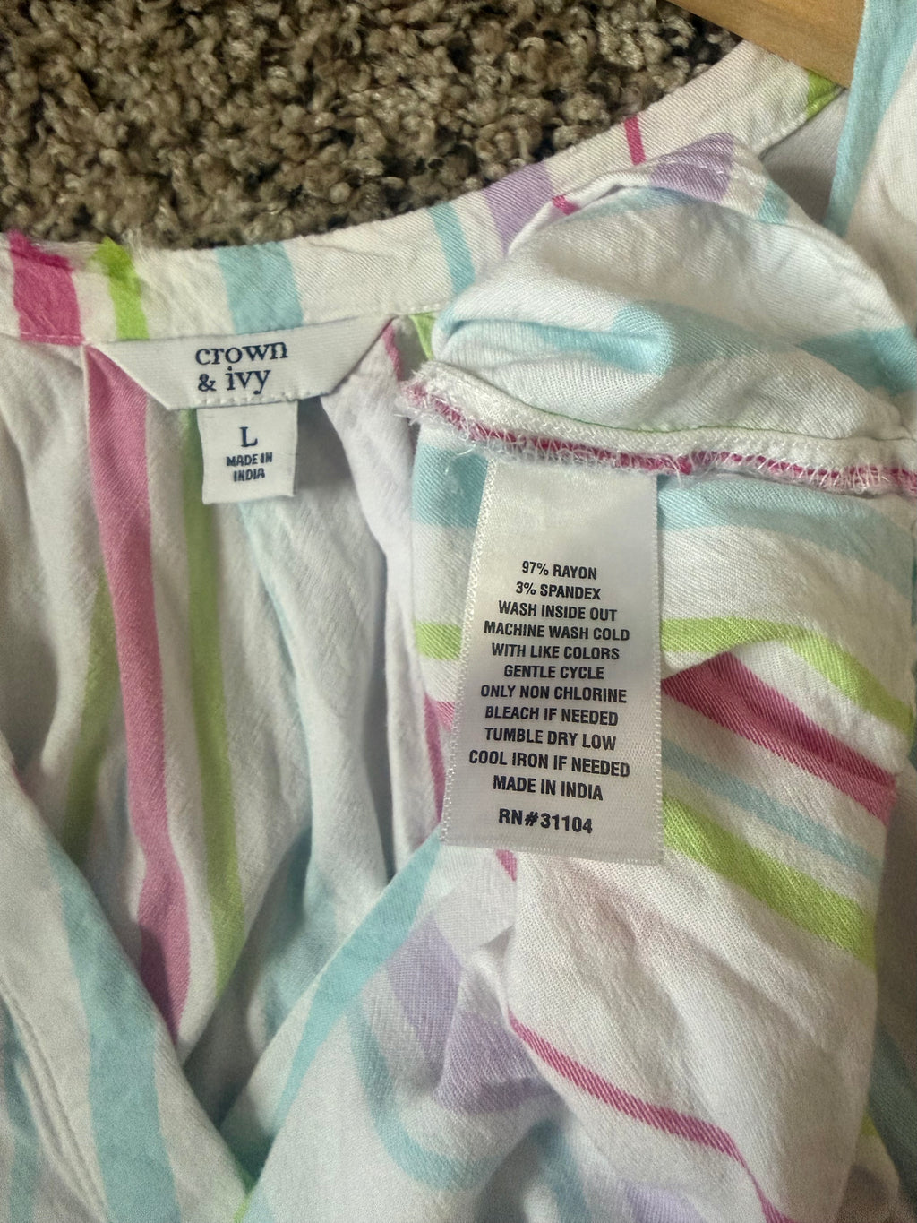 Crown & Ivy 97% Rayon 3% Spandex L Pastel Purple Green Red and Blue Striped V-Neck Tank Top