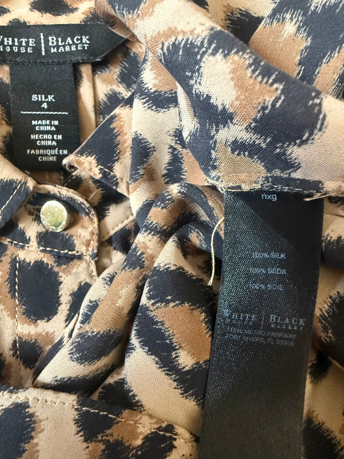 White House Black Market 100% Silk Size 4 Cheetah Print Long Sleeve Button Down