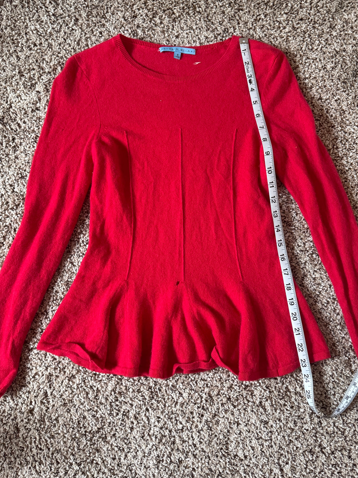 Antonio Melani 100% Cashmere S Red Peplum Long Sleeve Top