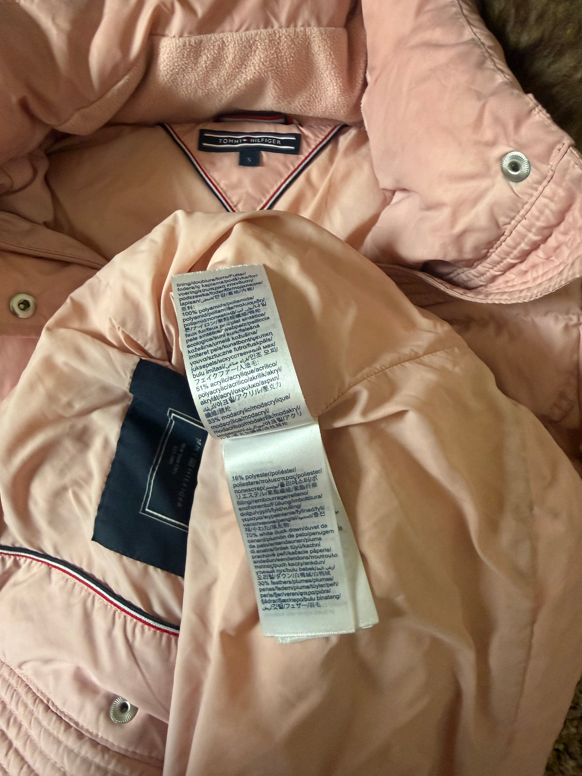 Tommy Hilfiger 70% White Duck Down 30% Feathers S Light Pink Hooded Heavy Puffer Jacket