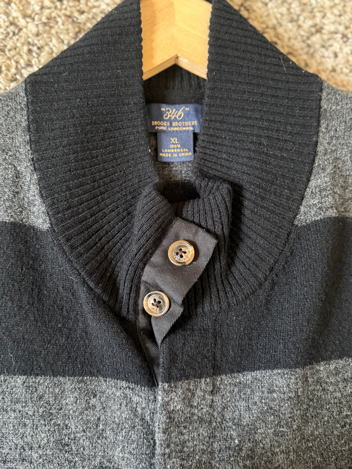 Brooks Brothers 100% Lambswool XL Grey and Black Striped Collared Sweater