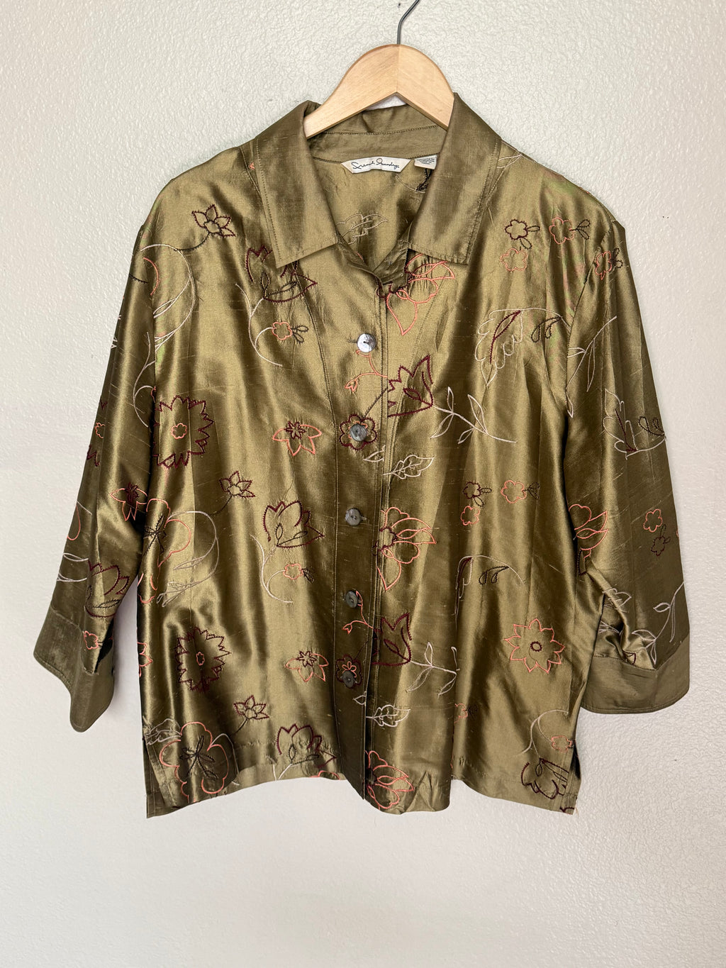 French Laundry 100% Silk XL Unlined Champage Blazer With Flower Embroidery
