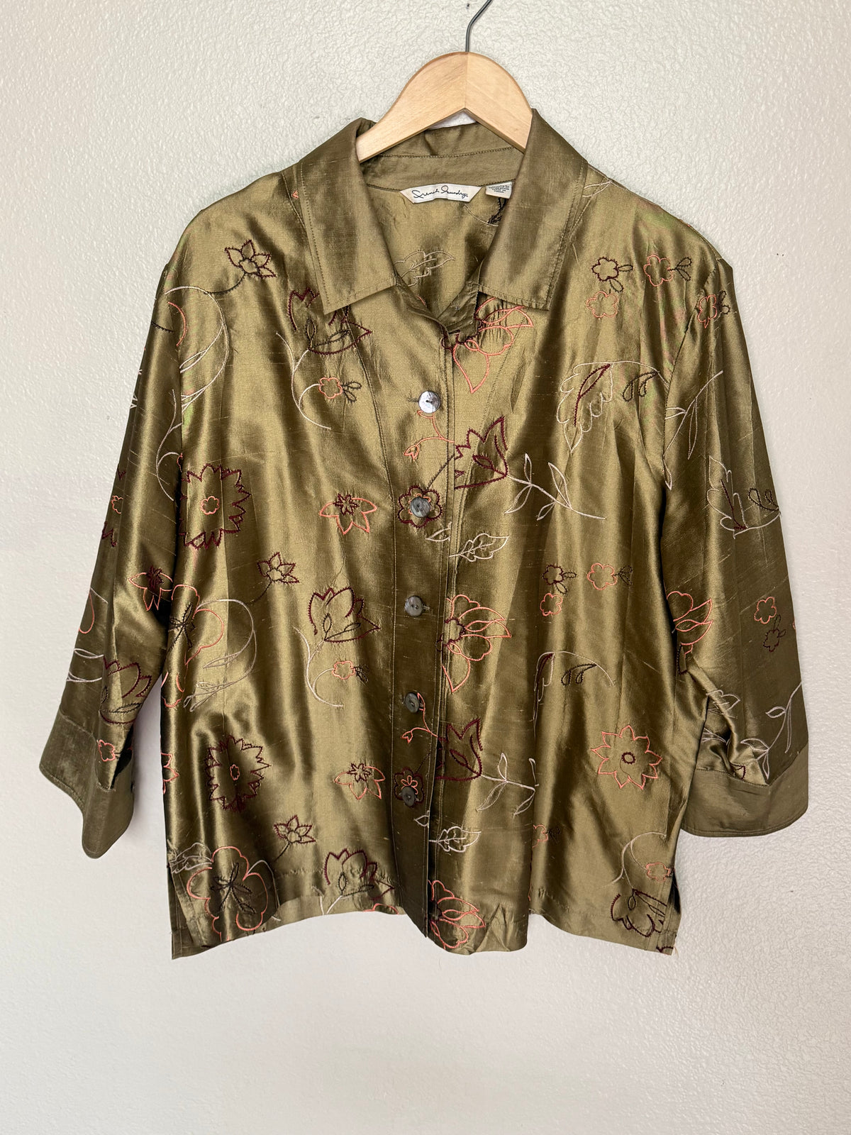 French Laundry 100% Silk XL Unlined Champage Blazer With Flower Embroidery