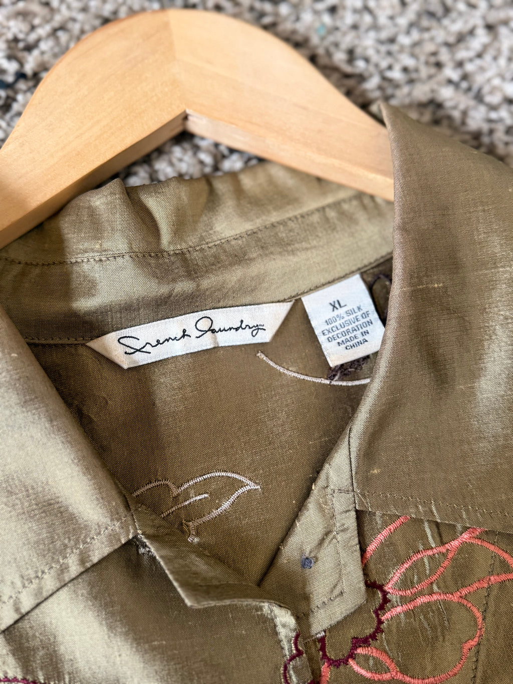 French Laundry 100% Silk XL Unlined Champage Blazer With Flower Embroidery
