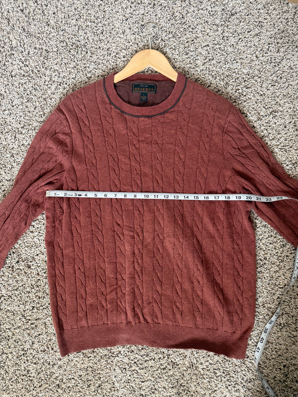 Jos. A Bank Reserve 95% Cotton 5% Cashmere L Orange-Maroon Cable Knit Crew Neck Sweater