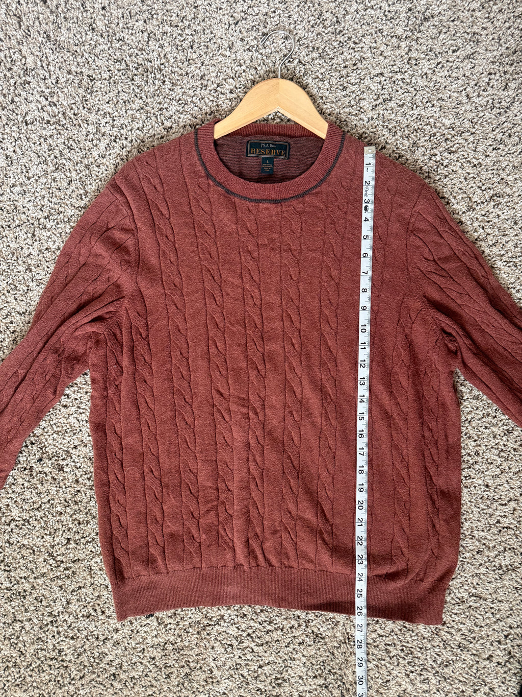 Jos. A Bank Reserve 95% Cotton 5% Cashmere L Orange-Maroon Cable Knit Crew Neck Sweater