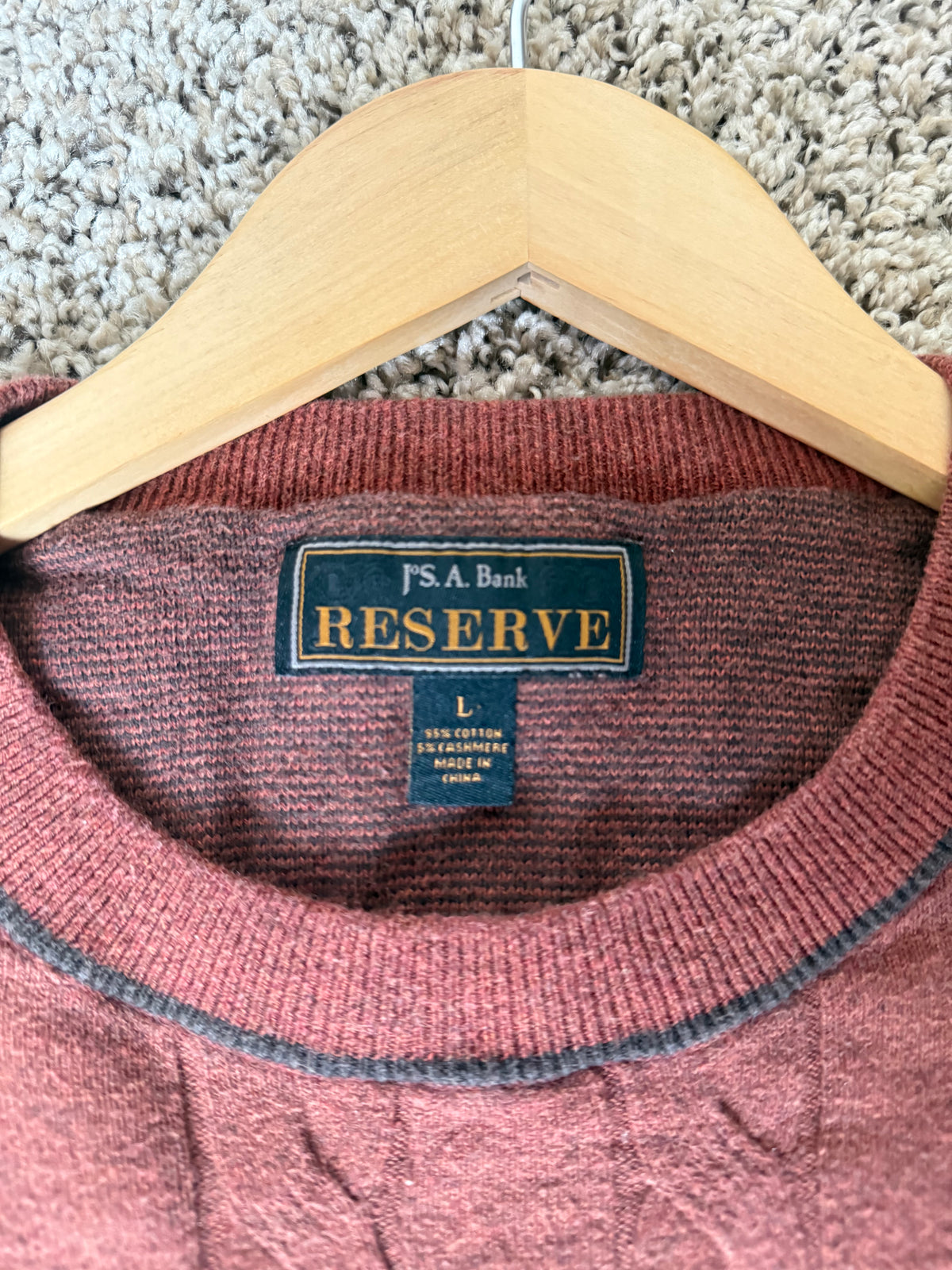 Jos. A Bank Reserve 95% Cotton 5% Cashmere L Orange-Maroon Cable Knit Crew Neck Sweater