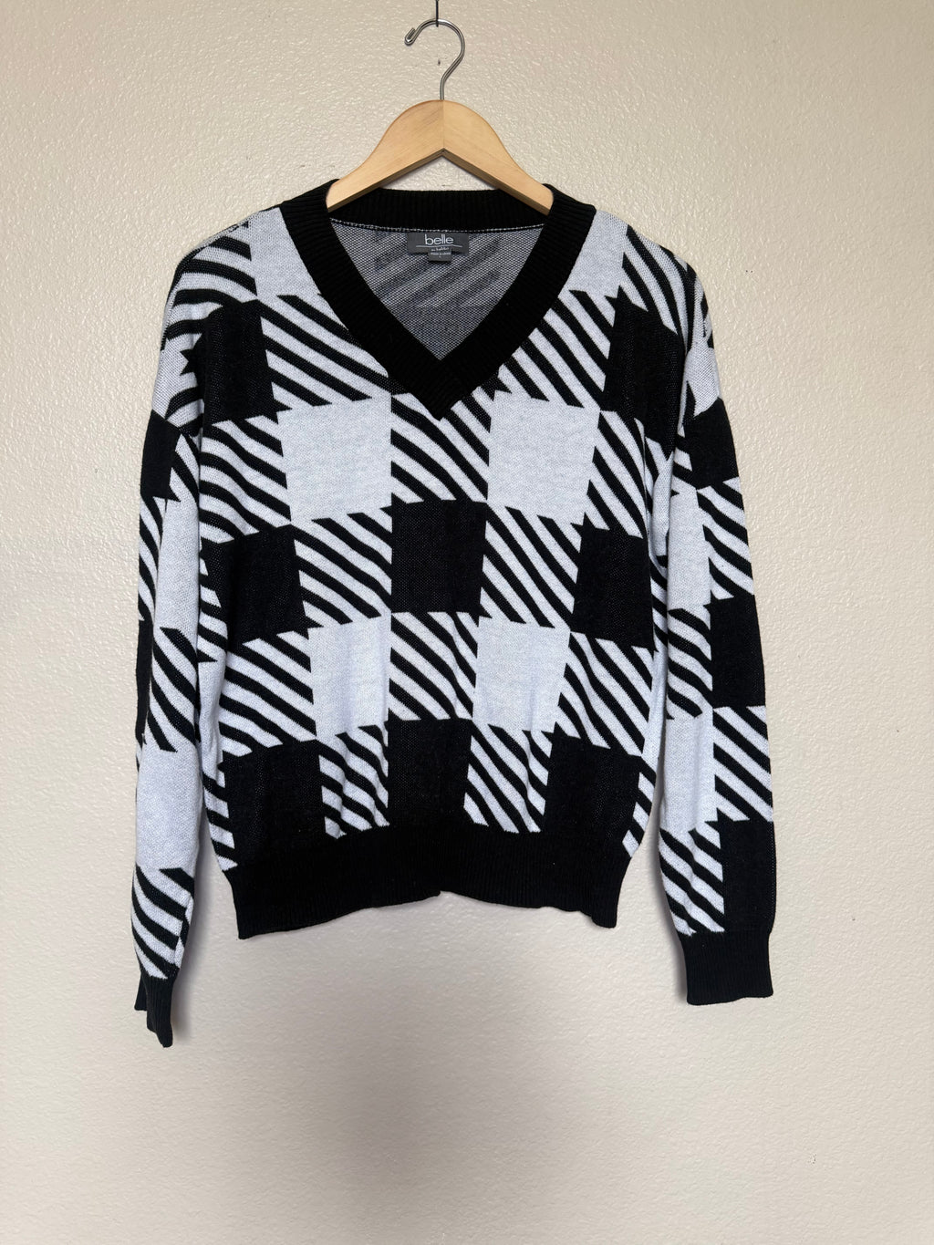 Belle by Beldini 60% Cotton 40% Viscose L Black and White Square Pattern Sweater