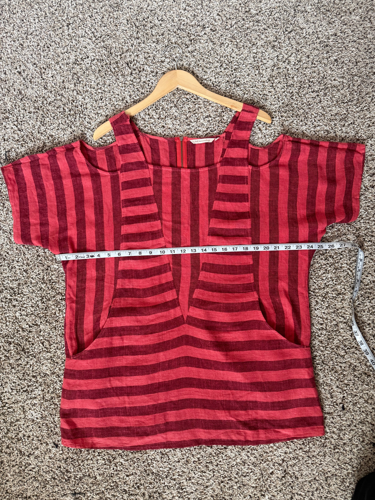 Soft Surroundings 55% Linen 45% Rayon L Coral and Maroon Striped Cold Shoulder Top