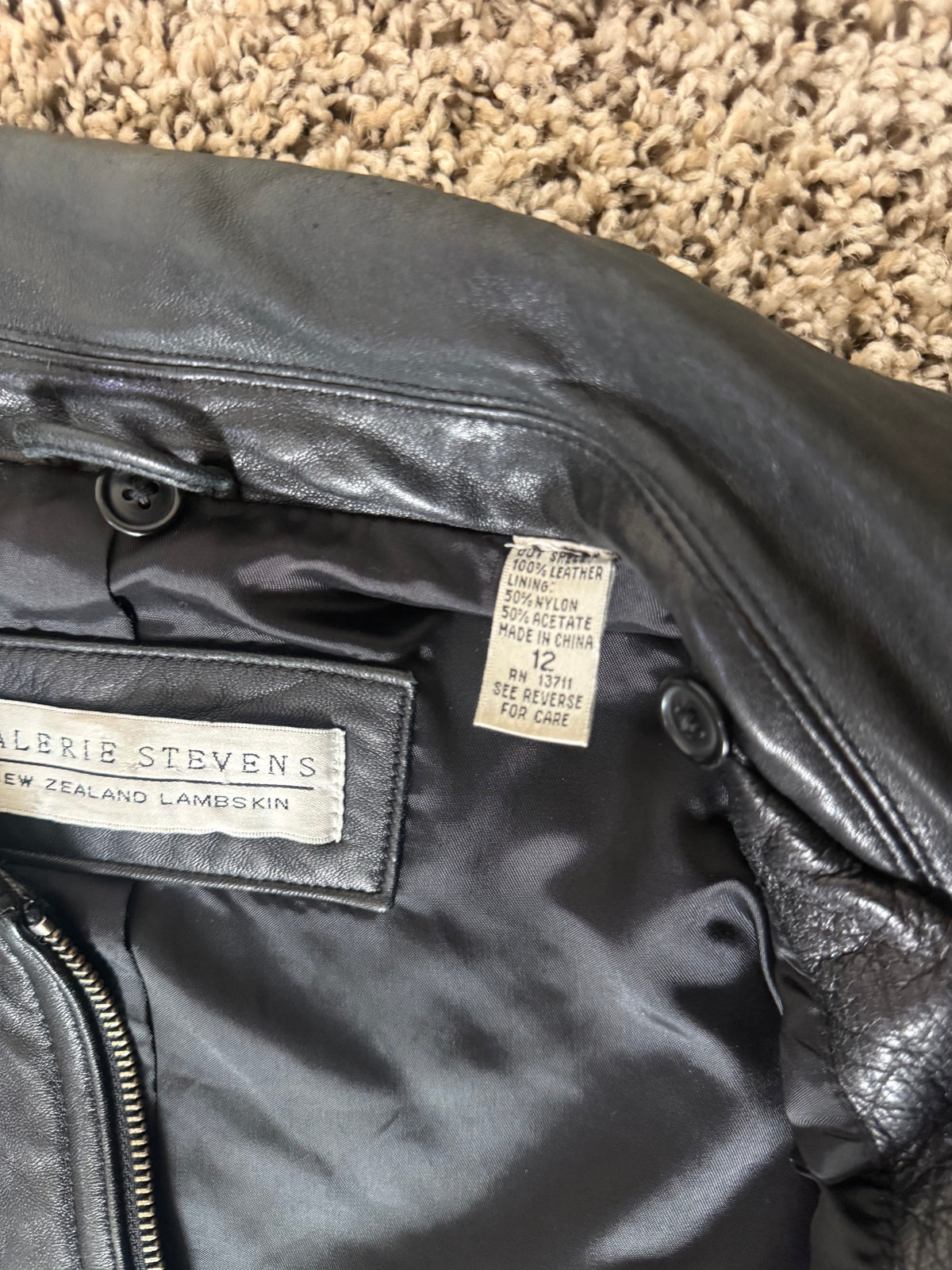 Valerie Stevens 100% Lambskin Size 12 Black Leather Zip Up Jacket