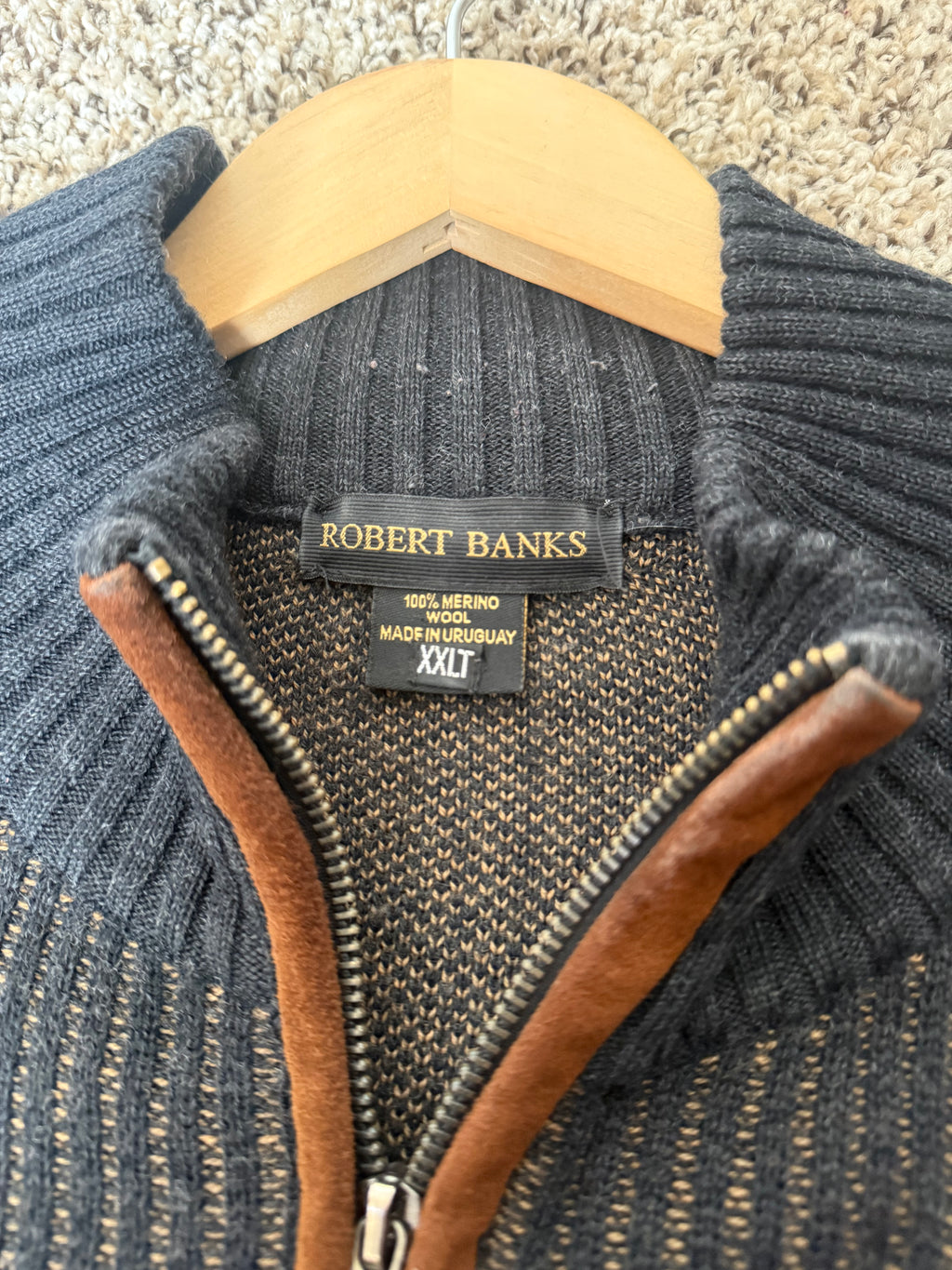 Robert Banks 100% Merino Wool XXLT Black and Brown Quarter Zip