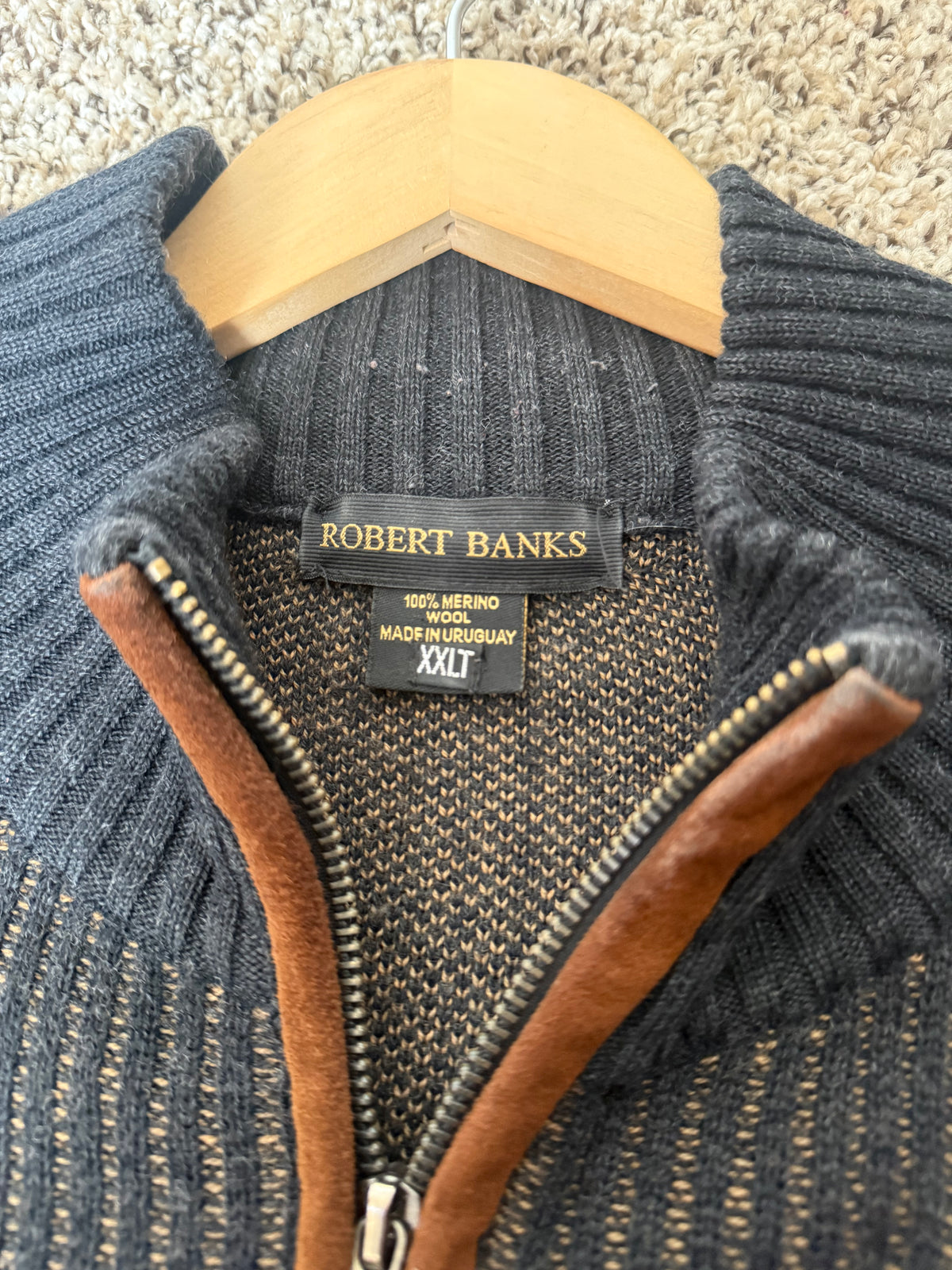 Robert Banks 100% Merino Wool XXLT Black and Brown Quarter Zip