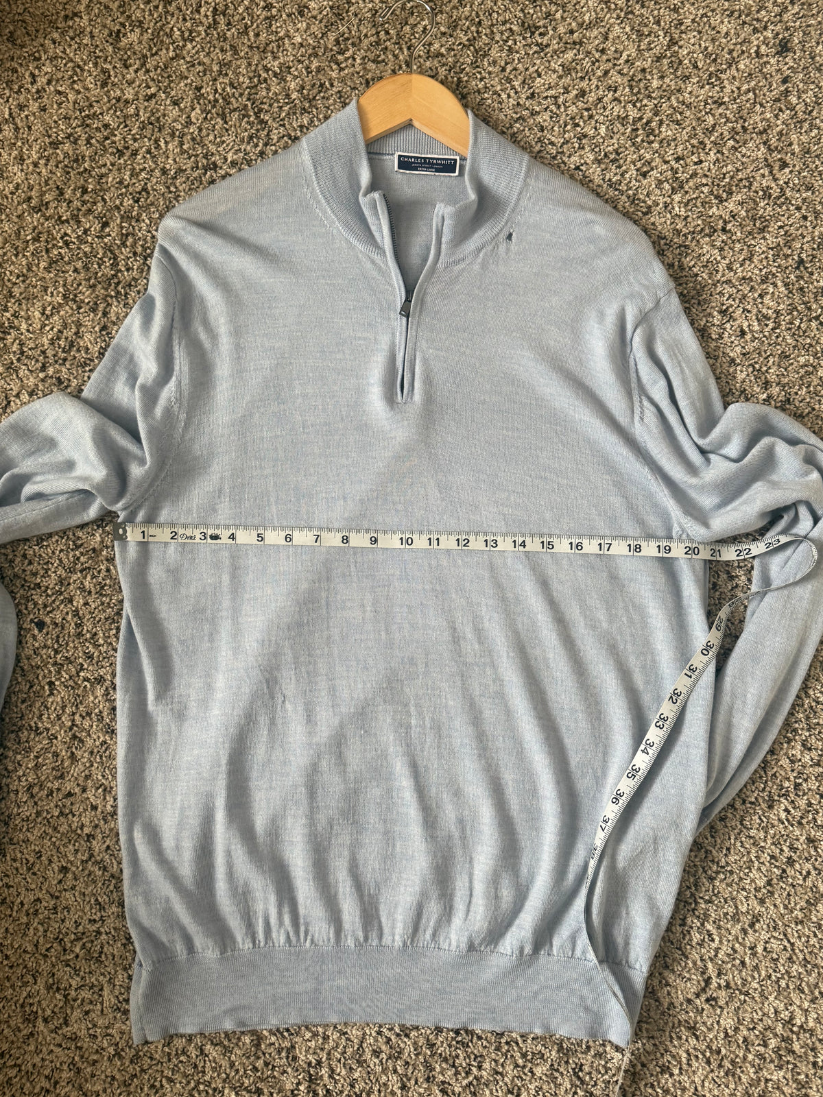 Charles Tyrwhitt 100% Merino Wool XL Sky Blue Long Sleeve Quarter Zip