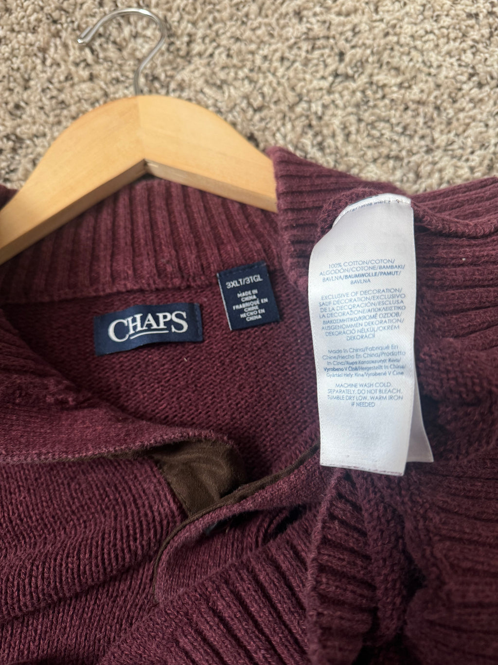 Chaps 100% Cotton 3XLT Maroon Quarter Button Sweater