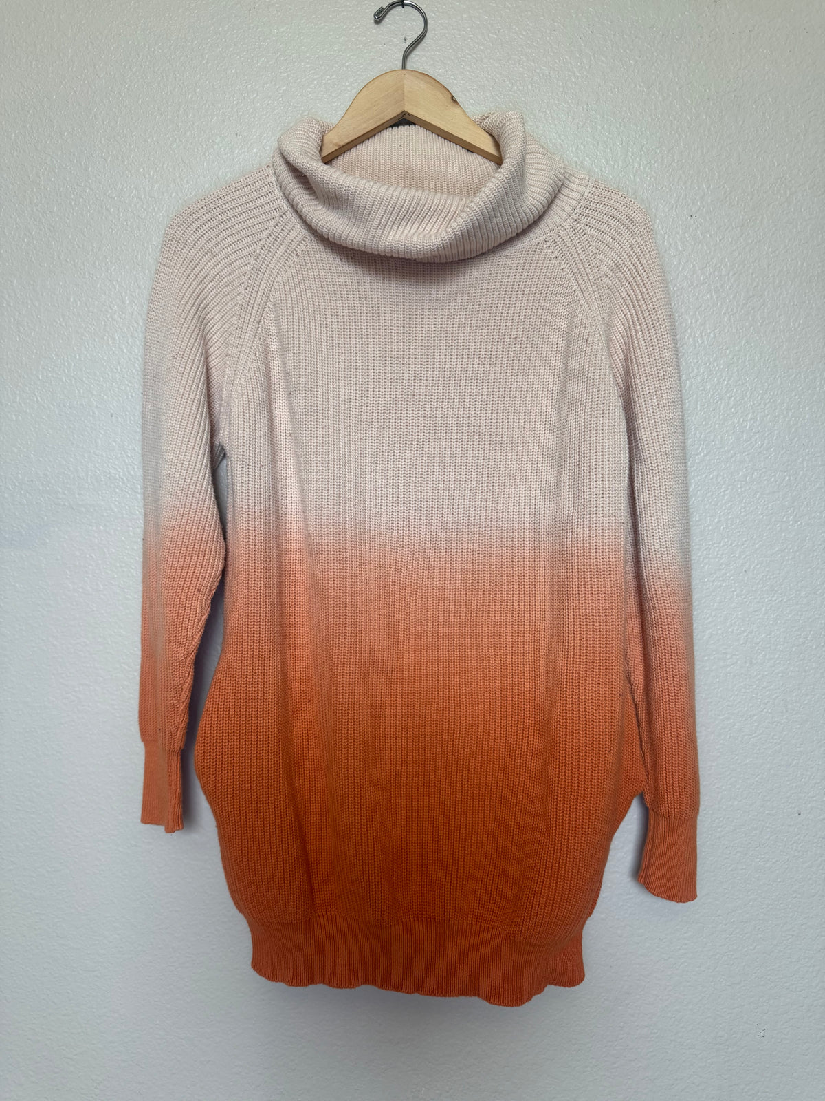 (No Brand) 100% Cotton S Burnt Orange/Cream Ombre Creamsicle Turtleneck Sweater Dress With Pockets