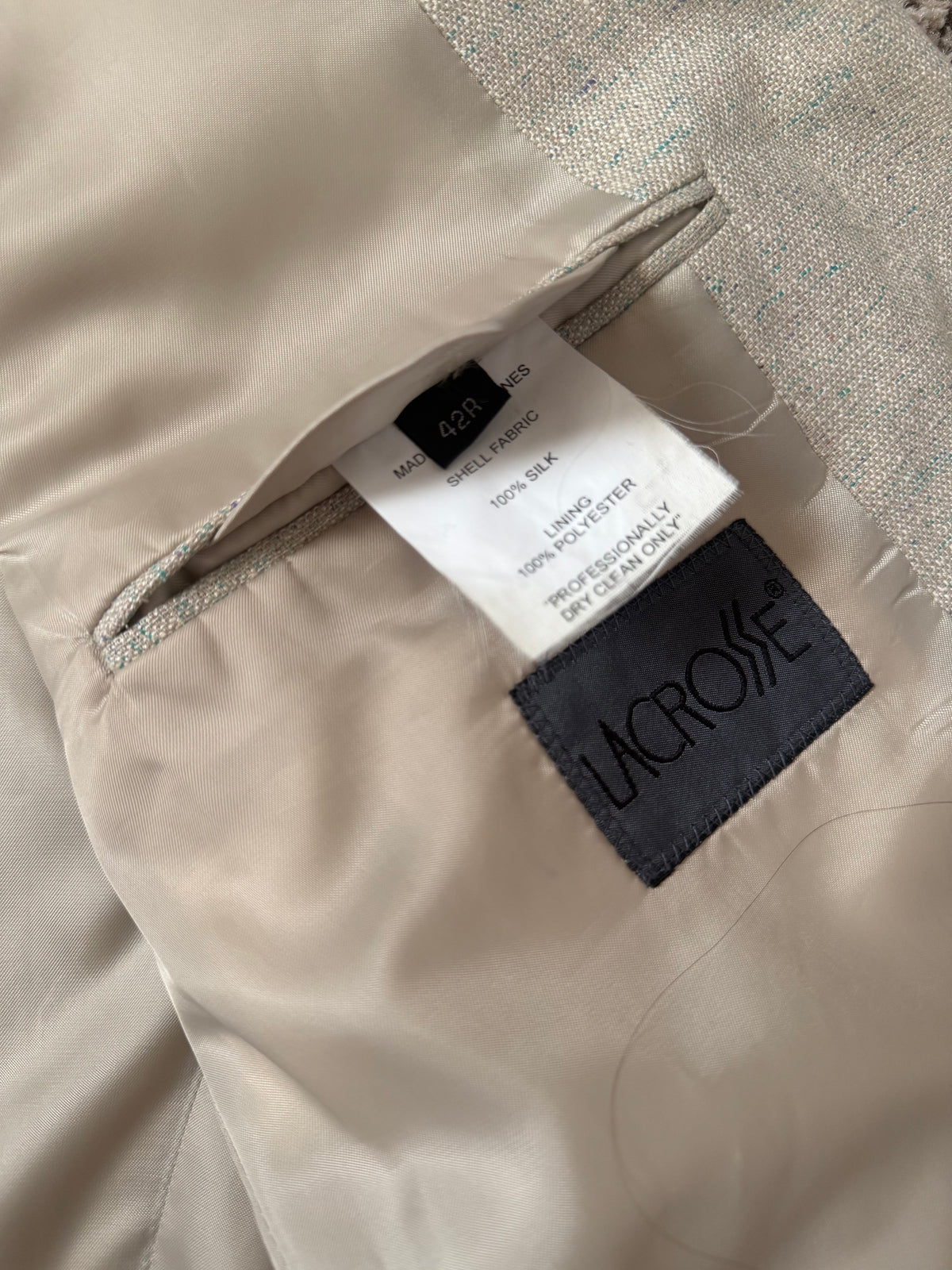 Lacrosse 100% Silk 42R Neutral Tan with Blue Specks Suit Jacket