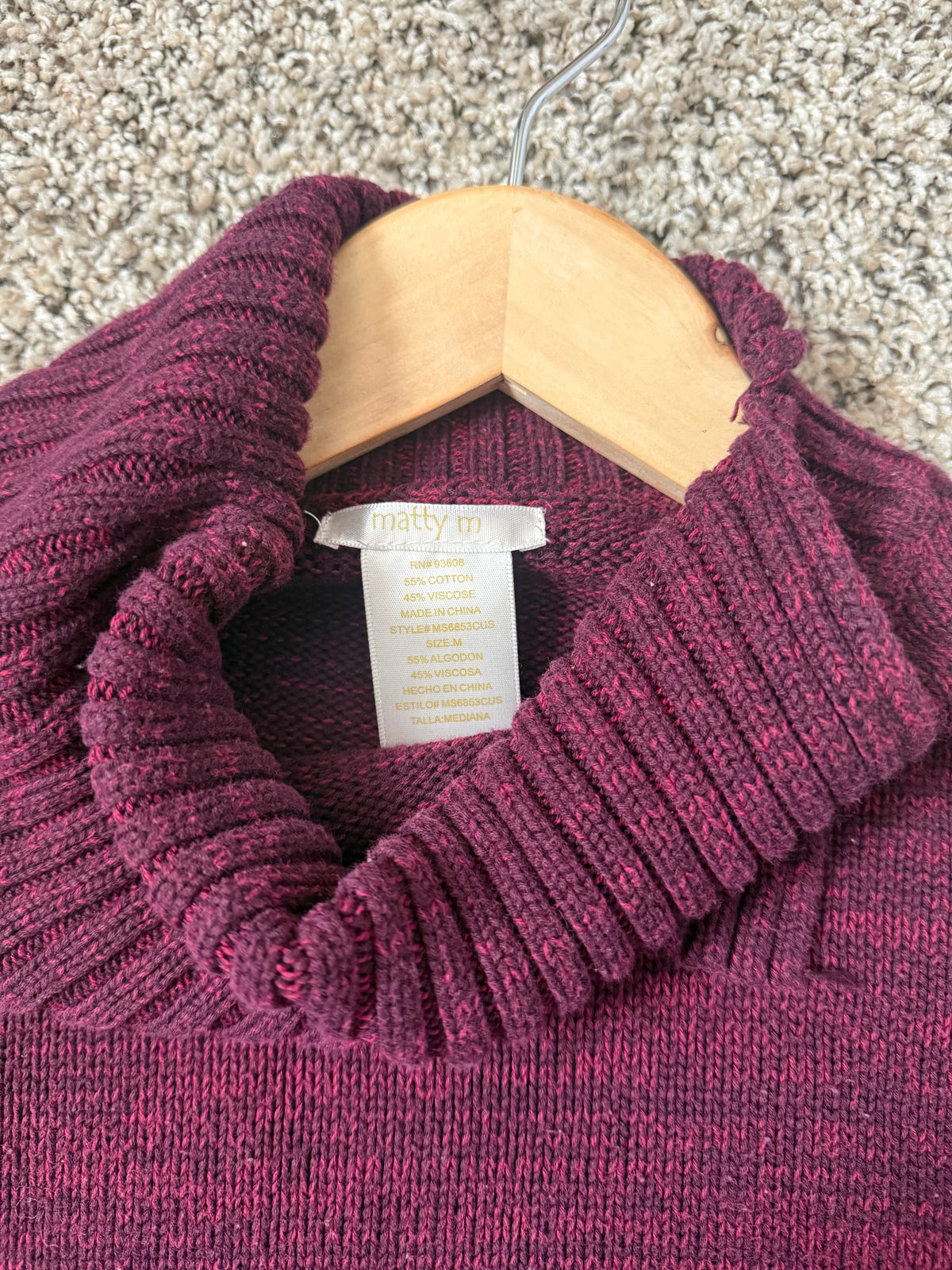 Matty M 55% Cotton 45% Viscose M Deep Red/Maroon Split Cowl Neck Sweater