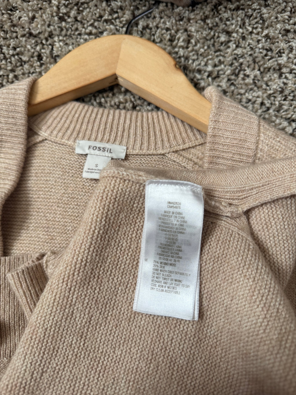 Fossil 75% Merino Wool 25% Silk S Tan Button Up Cardigan