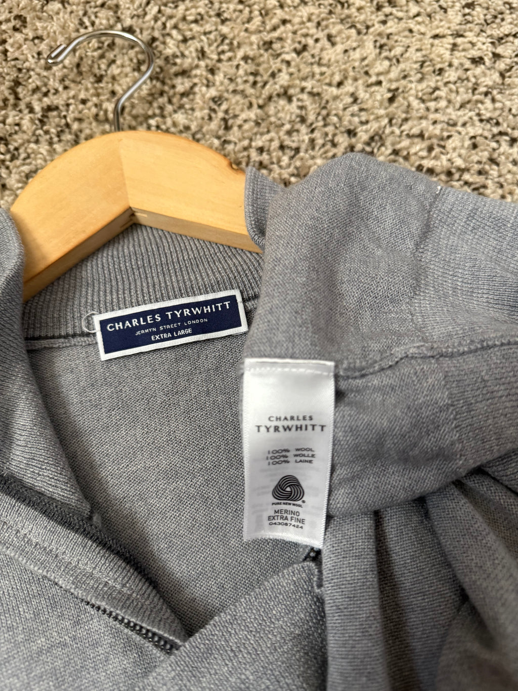Charles Tyrwhitt 100% Merino Wool Men's XL Grey Quarter Zip