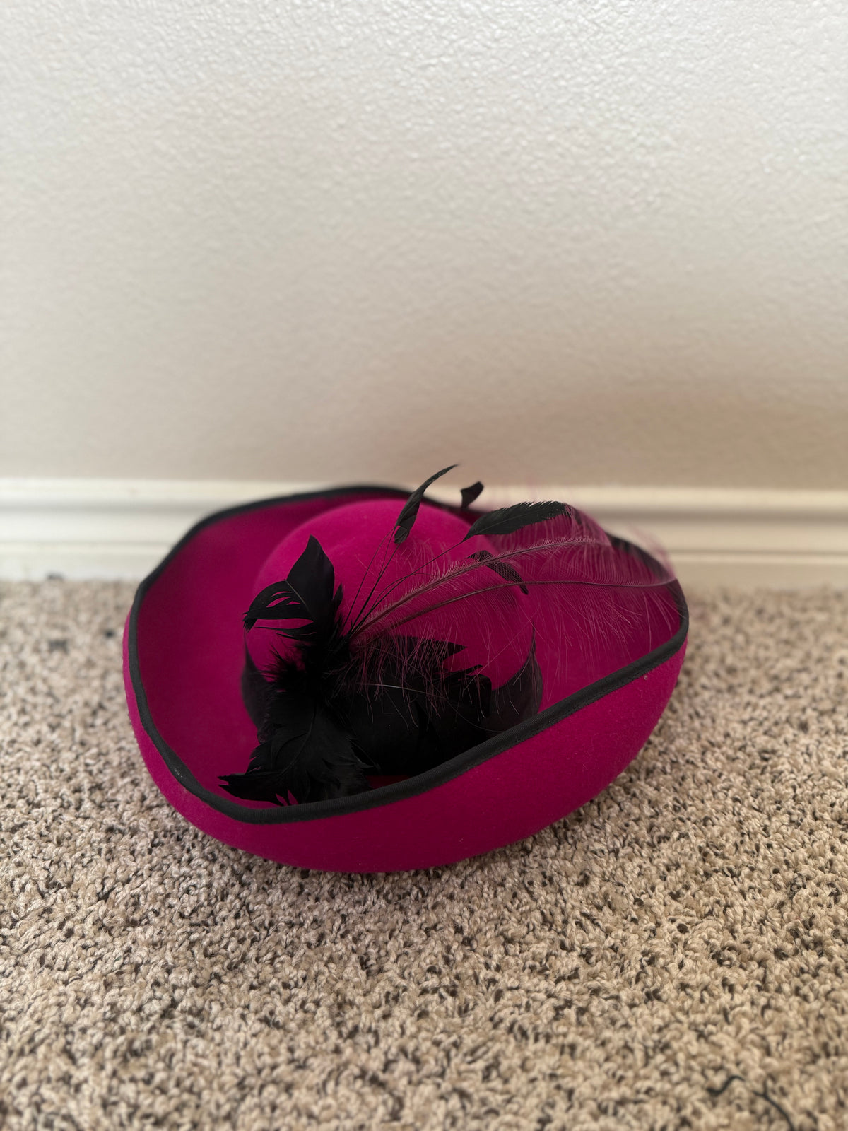 Mr. Charles Michael Howard 100% Wool Women's Fuchsia Hat With Black Feathers