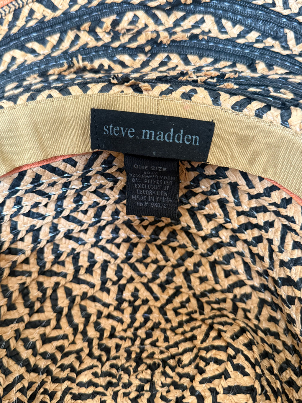 Steve Madden 92% Paper Yarn 8% Polyester Tan and Black Wide Brim Sun Hat with Coral Detail