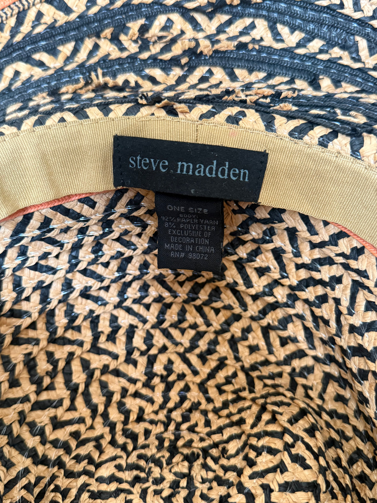 Steve Madden 92% Paper Yarn 8% Polyester Tan and Black Wide Brim Sun Hat with Coral Detail