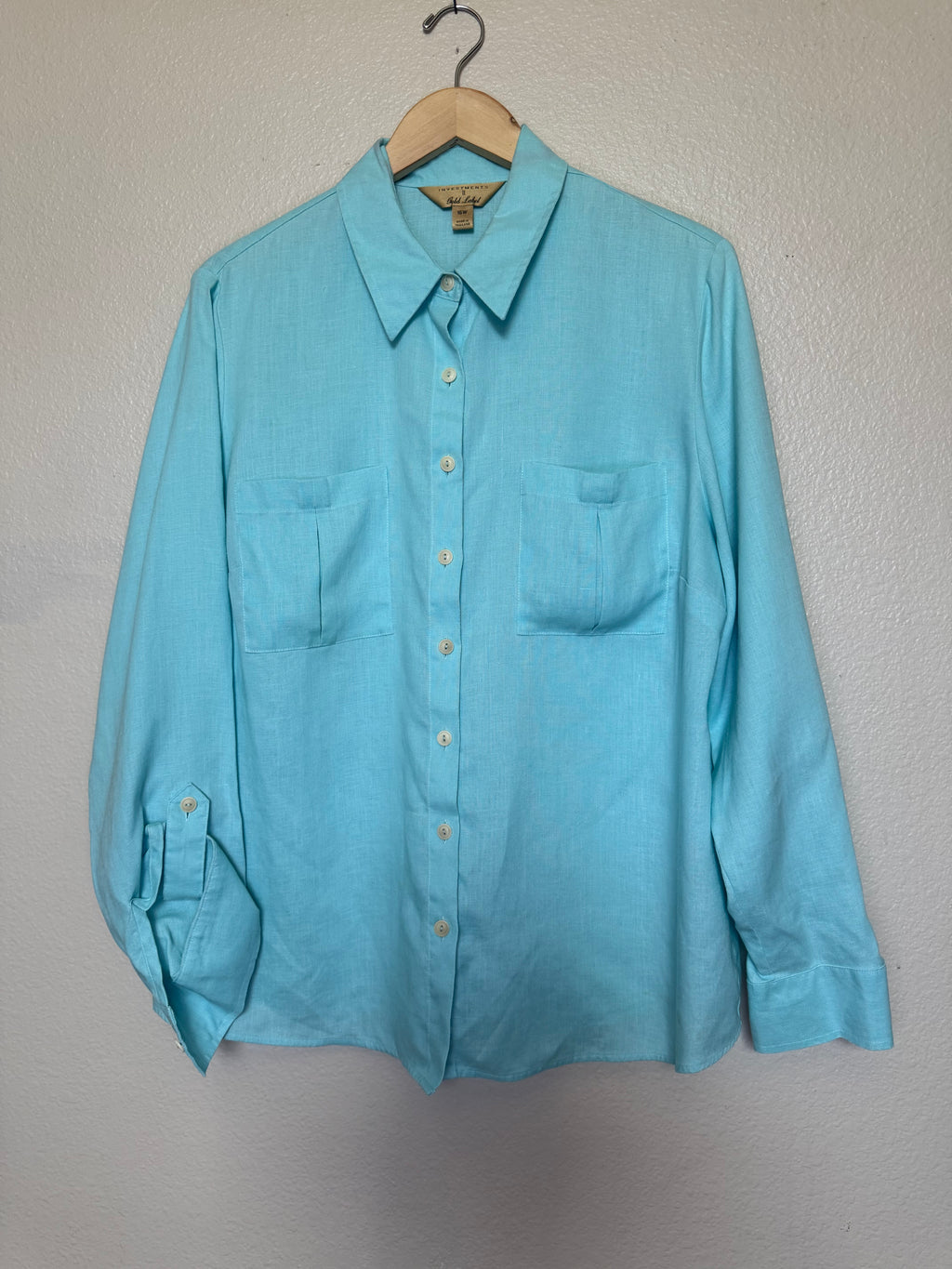 Investments II Gold Label 100% Hemp Women's 16W Sea Foam Blue Button Down Collared Shirts