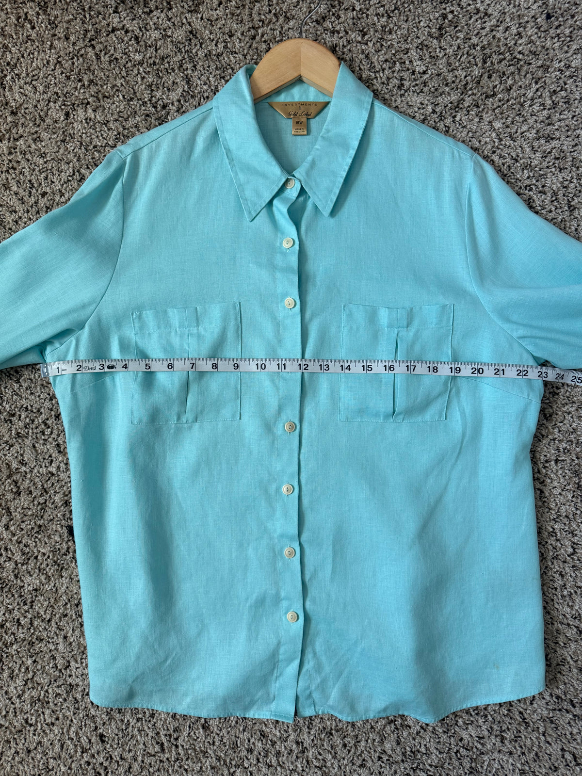 Investments II Gold Label 100% Hemp Women's 16W Sea Foam Blue Button Down Collared Shirts