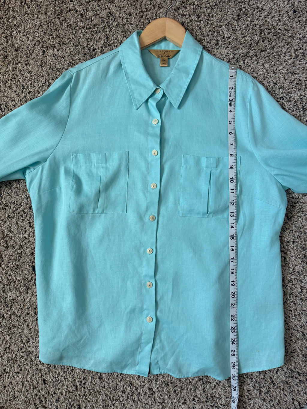 Investments II Gold Label 100% Hemp Women's 16W Sea Foam Blue Button Down Collared Shirts