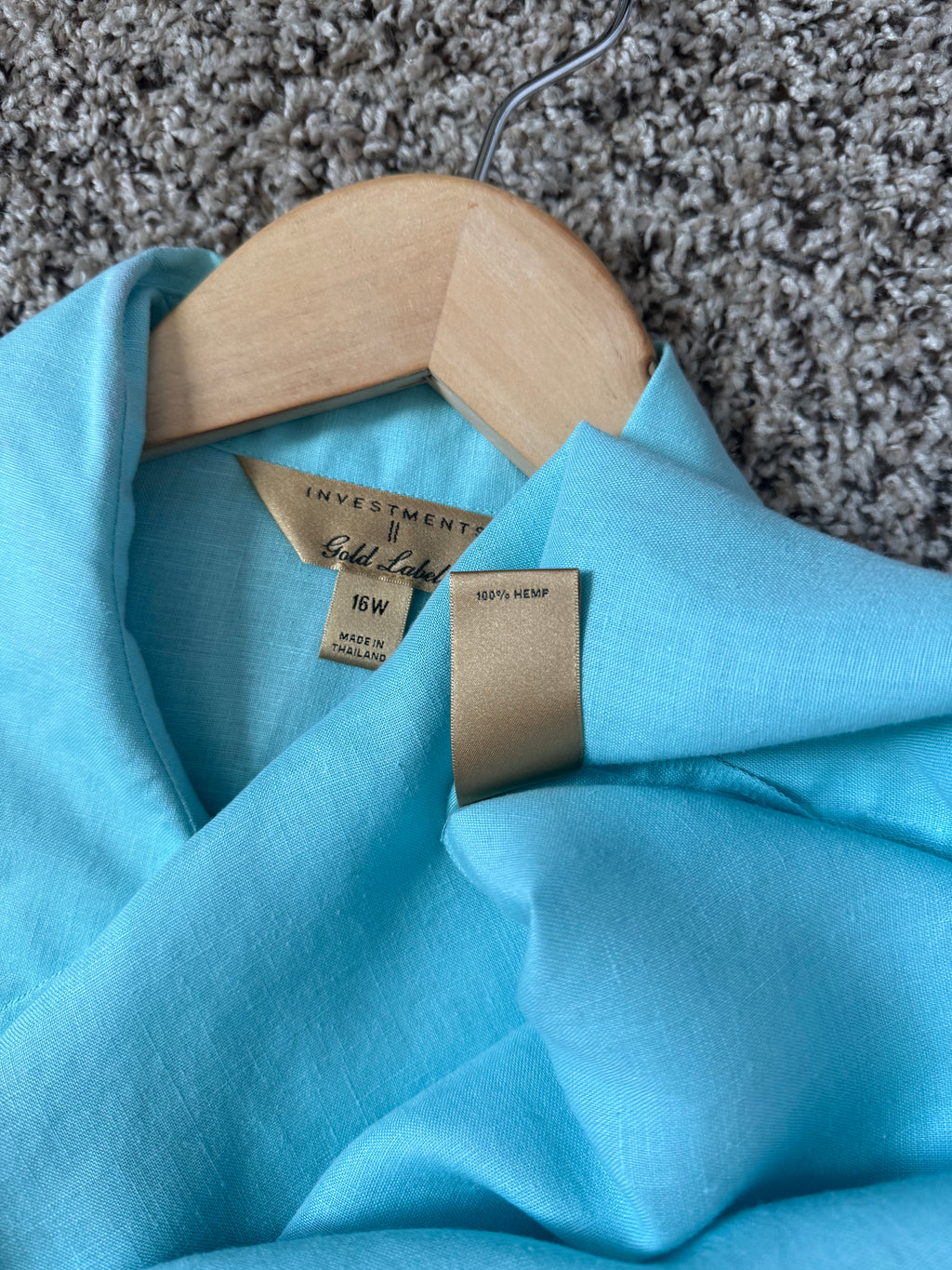 Investments II Gold Label 100% Hemp Women's 16W Sea Foam Blue Button Down Collared Shirts