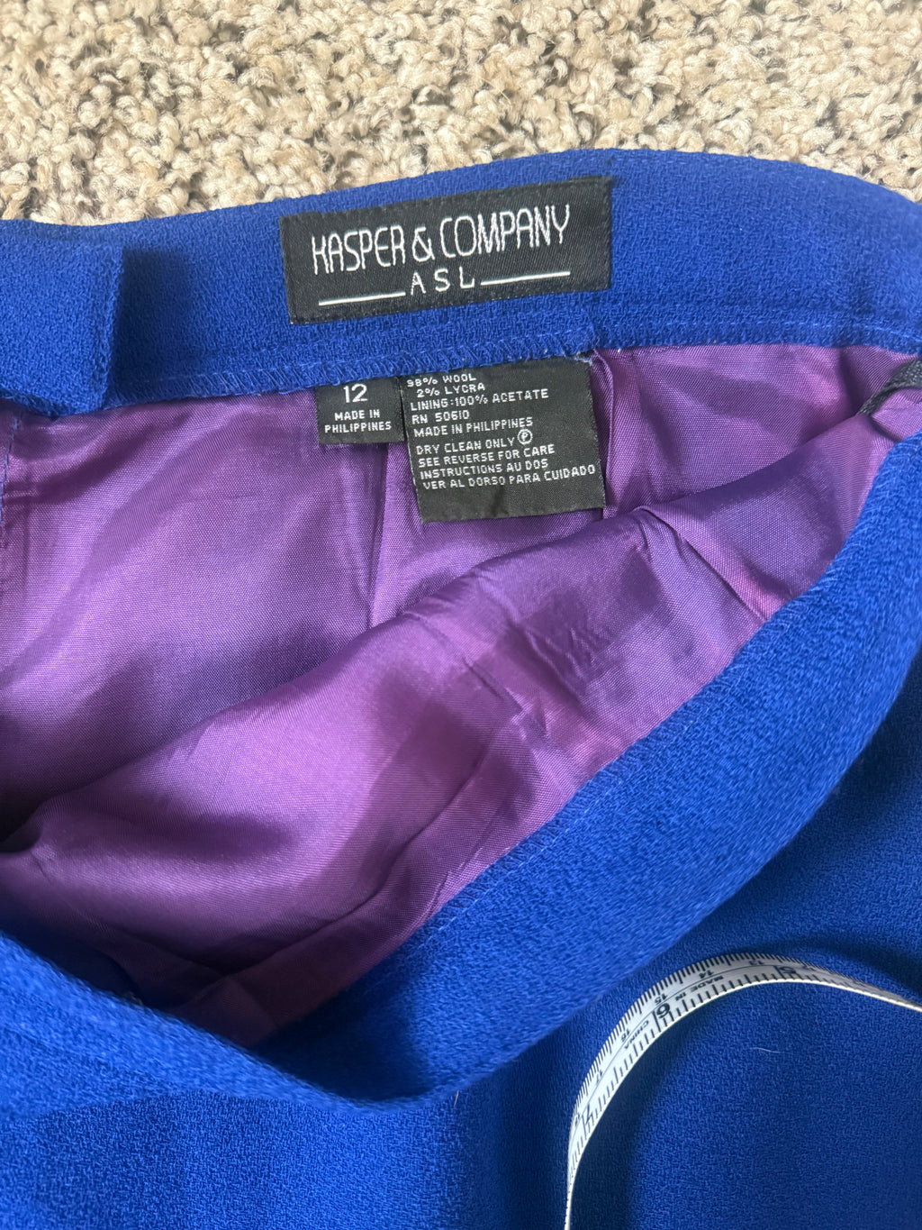 Kasper & Company 98% Wool 2% Lycra Women's 12 Royal Blue Pencil Skirt