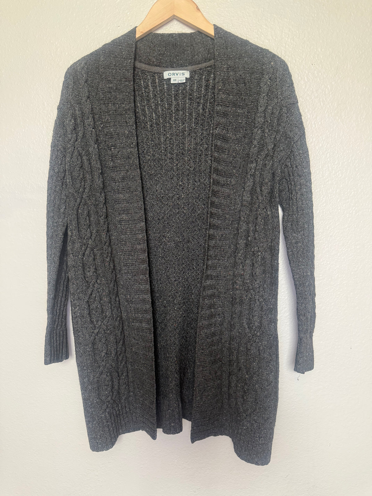 Orvis 90% Wool 10% Cashmere Women's XS Dark Gray Long Cardigan With Light Brown Specks