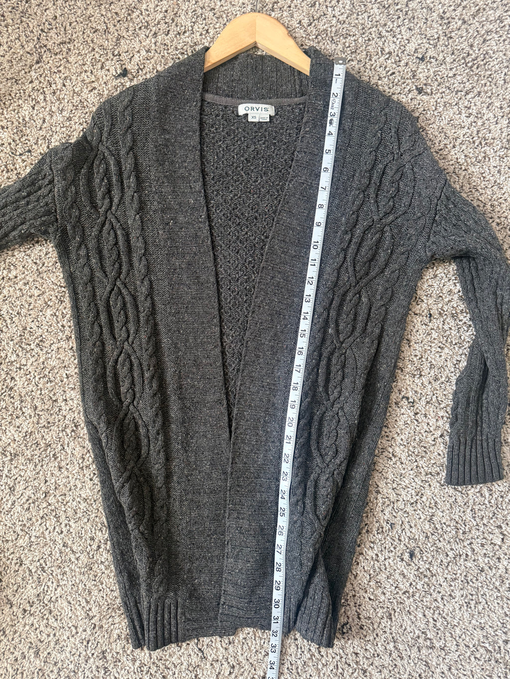 Orvis 90% Wool 10% Cashmere Women's XS Dark Gray Long Cardigan With Light Brown Specks