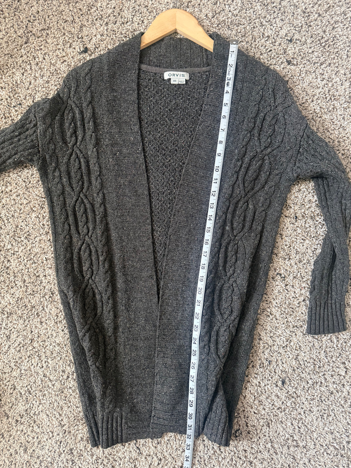 Orvis 90% Wool 10% Cashmere Women's XS Dark Gray Long Cardigan With Light Brown Specks