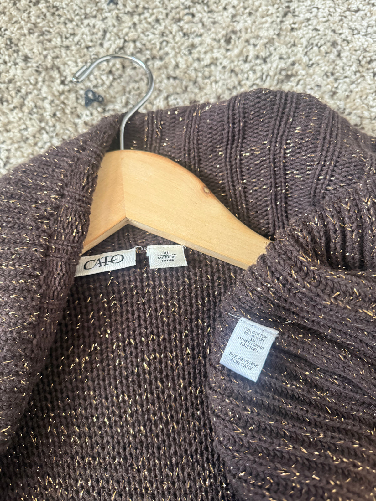 Cato 75% Cotton 20% Rayon 5% Other Fibers Women's XL Brown and Gold Foil Knit Halo Cardigan