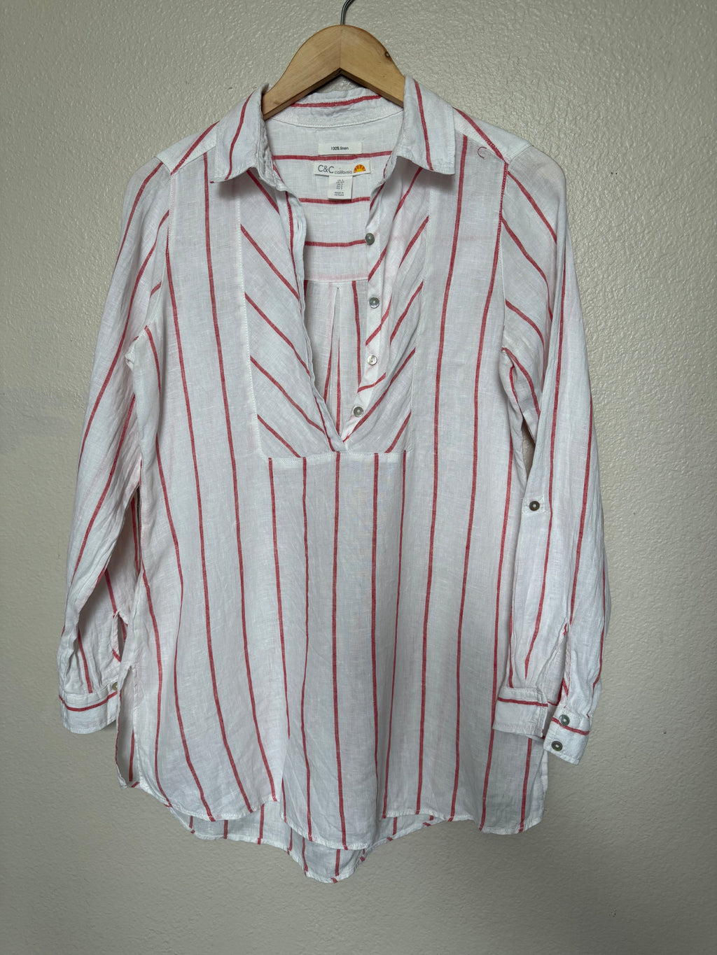 C&C California 100% Linen S White with Red Stripes Long Sleeve Shirt