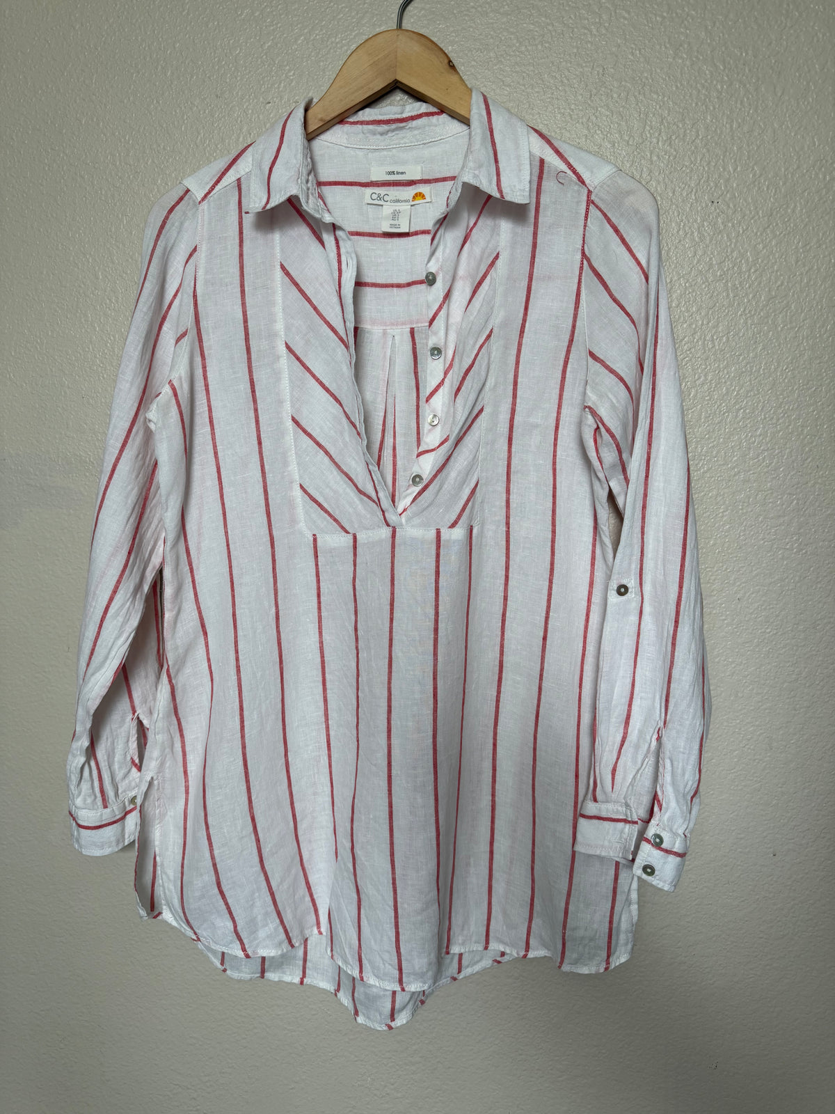 C&C California 100% Linen S White with Red Stripes Long Sleeve Shirt