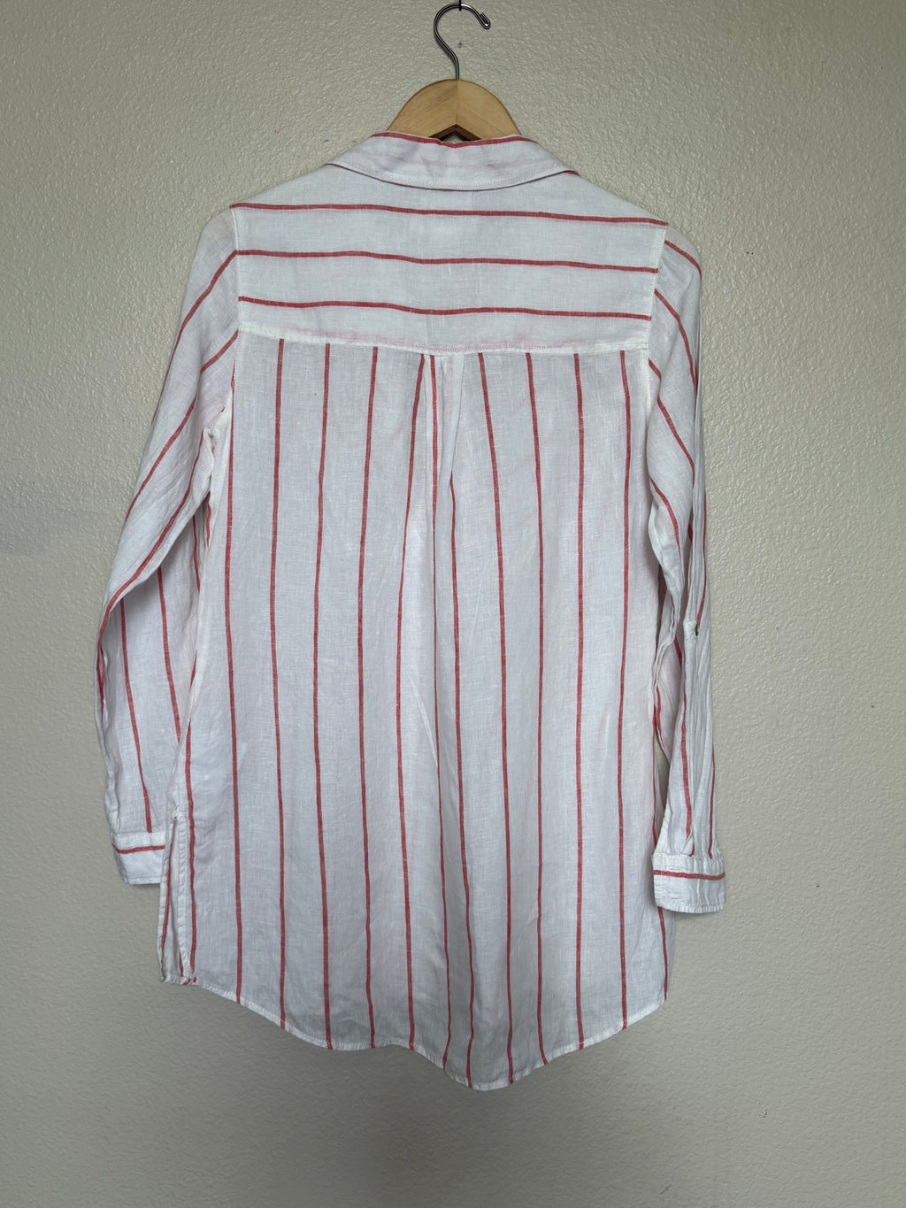 C&C California 100% Linen S White with Red Stripes Long Sleeve Shirt