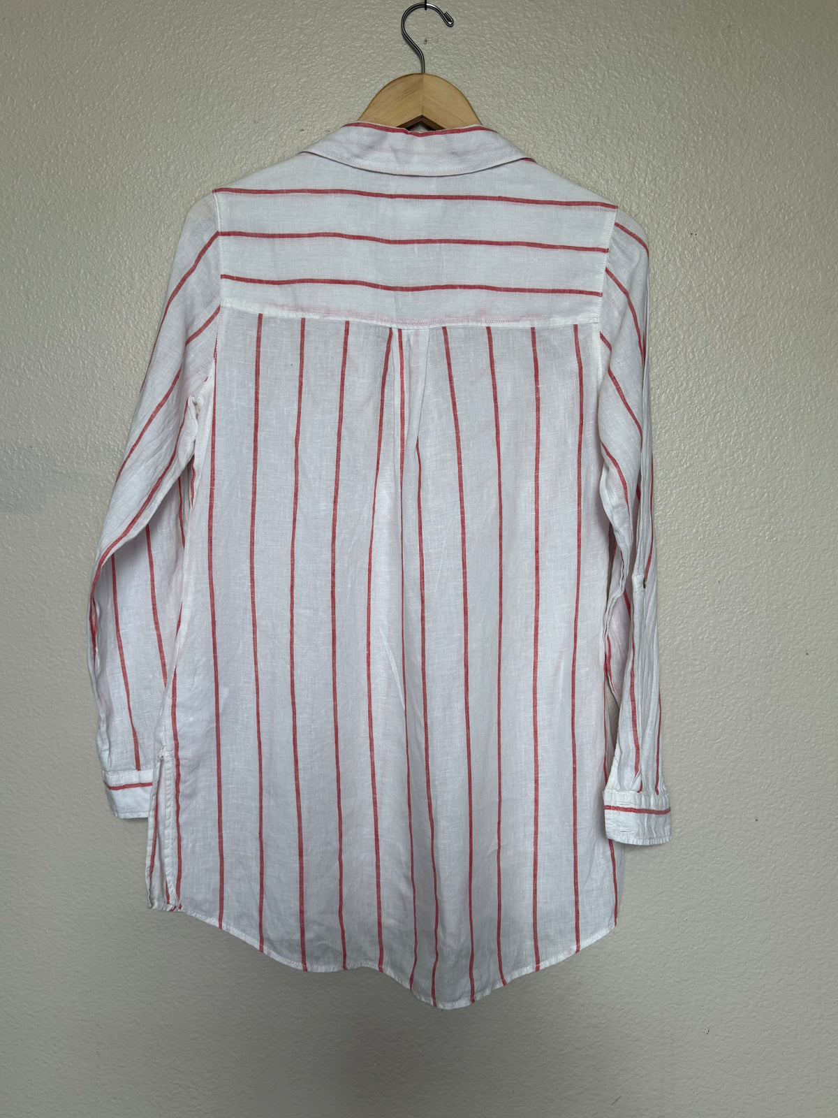 C&C California 100% Linen S White with Red Stripes Long Sleeve Shirt