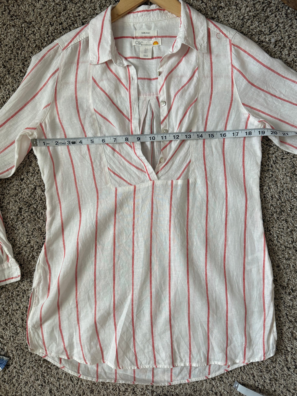 C&C California 100% Linen S White with Red Stripes Long Sleeve Shirt