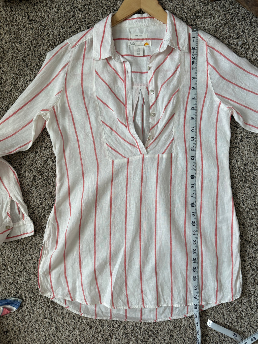 C&C California 100% Linen S White with Red Stripes Long Sleeve Shirt