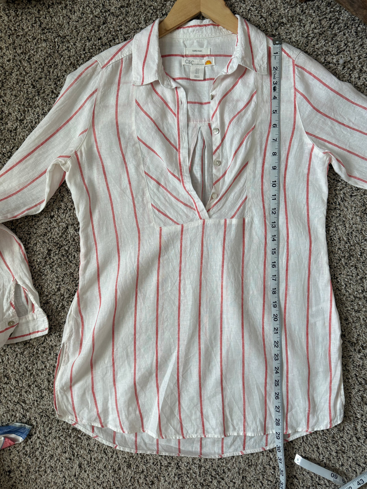 C&C California 100% Linen S White with Red Stripes Long Sleeve Shirt