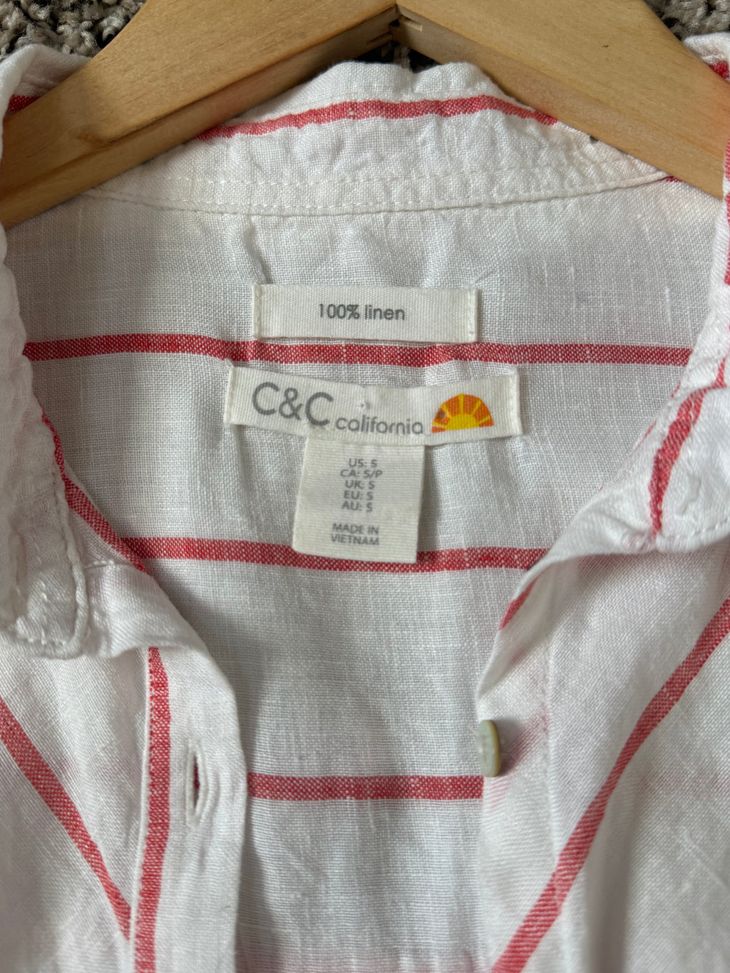 C&C California 100% Linen S White with Red Stripes Long Sleeve Shirt