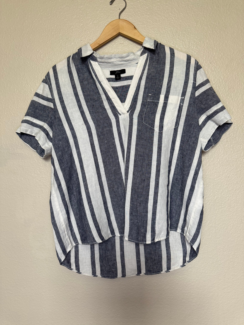 J. Crew 100% Linen S Blue and White Striped Short Sleeve Shirt