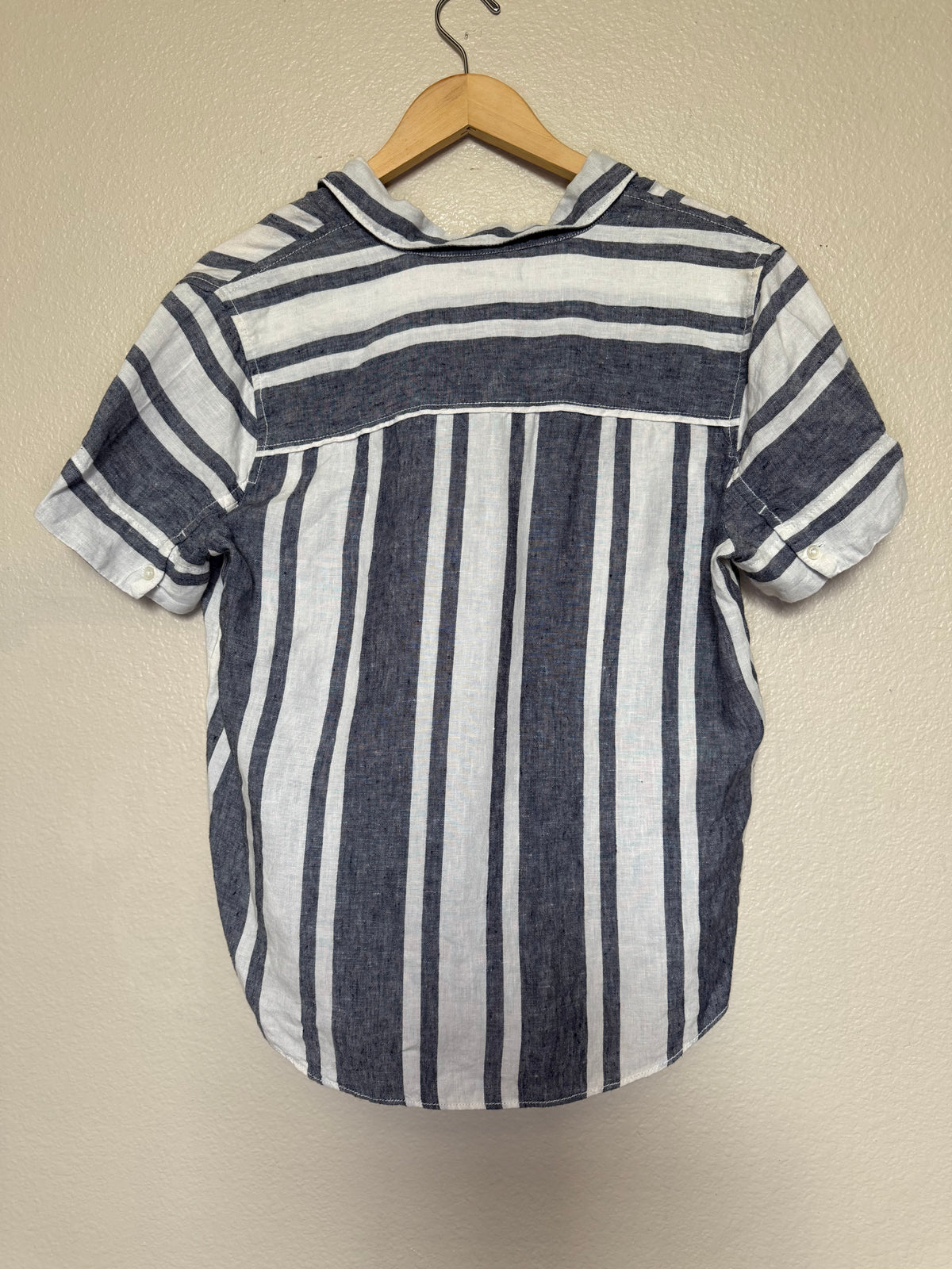 J. Crew 100% Linen S Blue and White Striped Short Sleeve Shirt