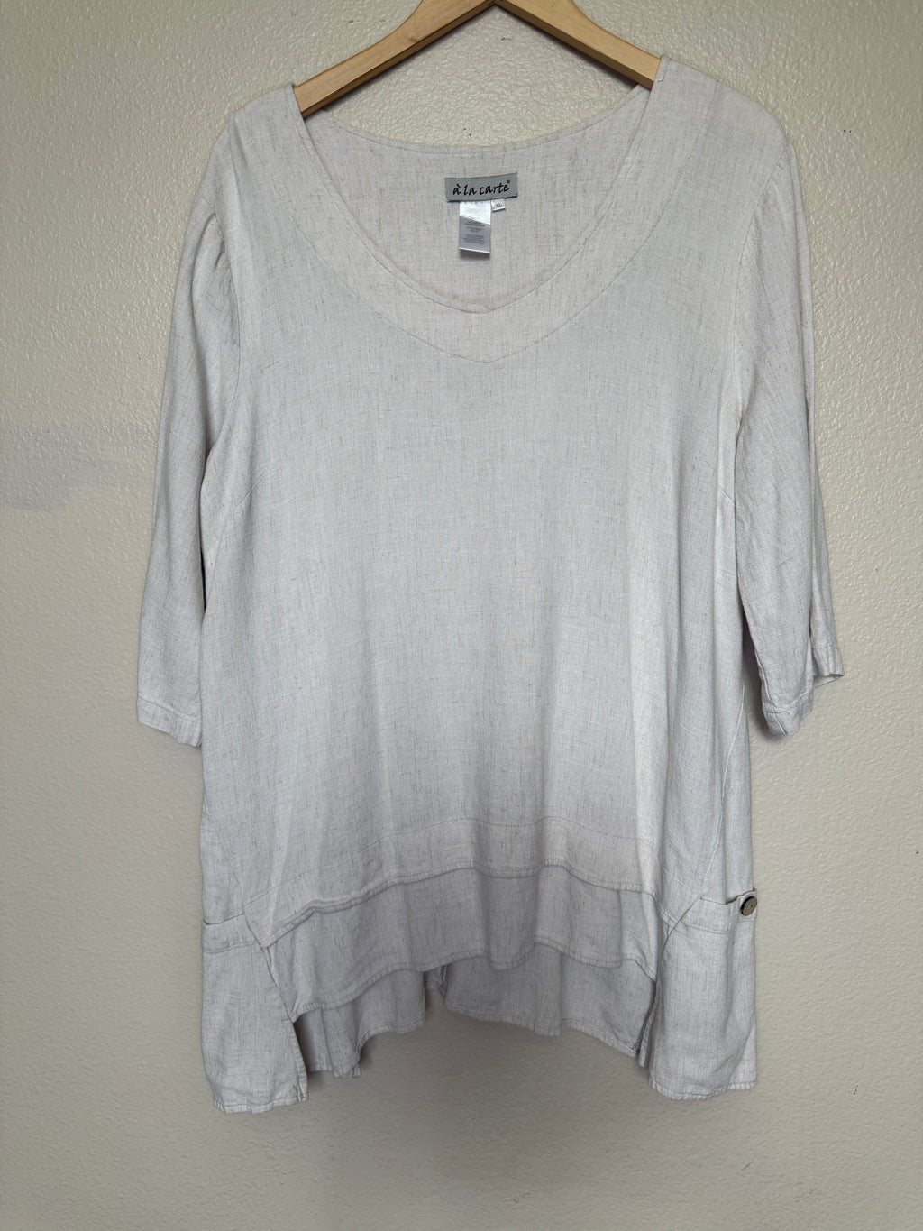 A La Carte 55% Linen 45% Cotton XL Beige 3/4 Sleeve Tunic