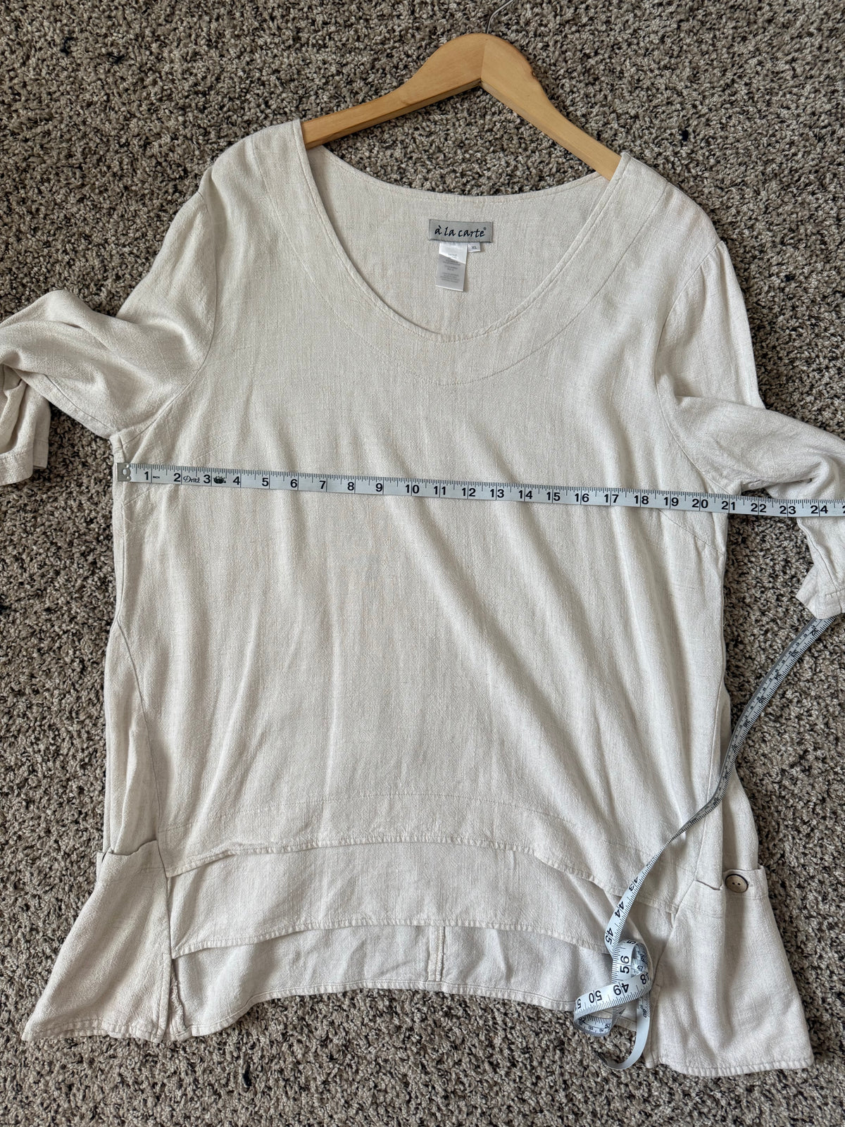A La Carte 55% Linen 45% Cotton XL Beige 3/4 Sleeve Tunic