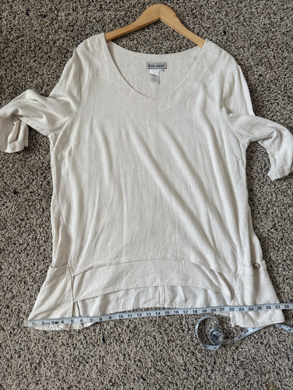 A La Carte 55% Linen 45% Cotton XL Beige 3/4 Sleeve Tunic