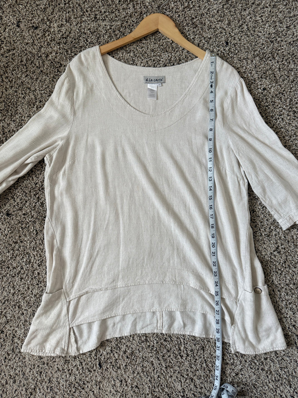A La Carte 55% Linen 45% Cotton XL Beige 3/4 Sleeve Tunic