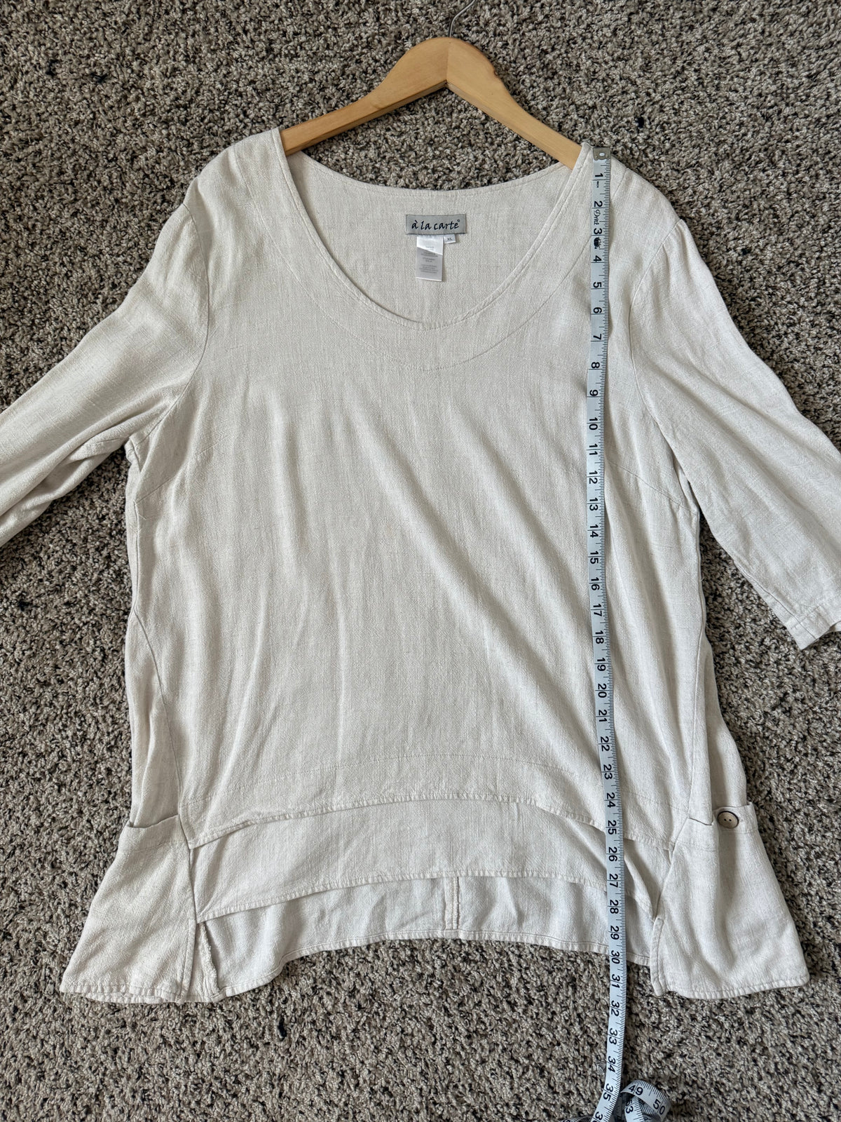 A La Carte 55% Linen 45% Cotton XL Beige 3/4 Sleeve Tunic